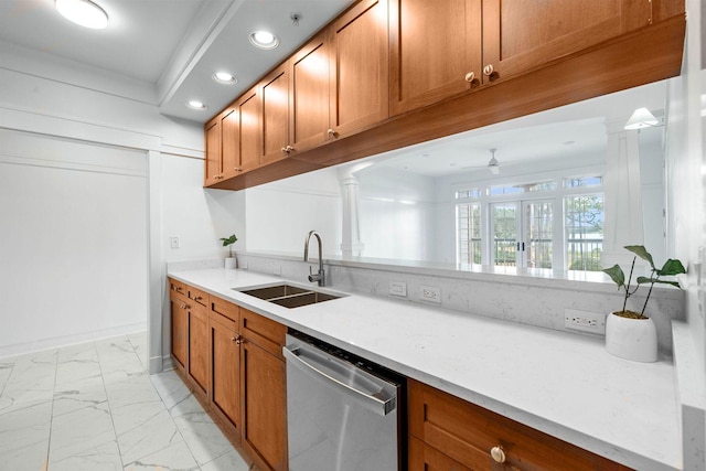 1101 Sawgrass Ct Unit 102, Panama City Beach, FL 32413 - kitchen with stainless steel dishwasher, light marble finish floors, brown cabinetry, recessed lighting, and a ceiling fan