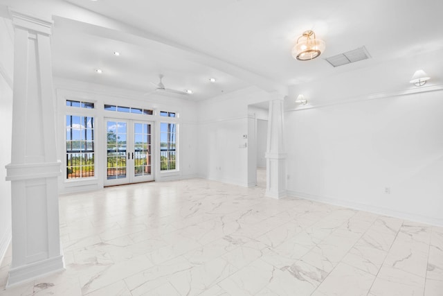 1101 Sawgrass Ct Unit 102, Panama City Beach, FL 32413 - empty room featuring decorative columns, french doors, marble finish floors, recessed lighting, and ceiling fan