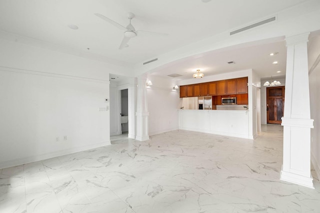 1101 Sawgrass Ct Unit 102, Panama City Beach, FL 32413 - unfurnished living room featuring decorative columns, ceiling fan, recessed lighting, and light marble finish floors