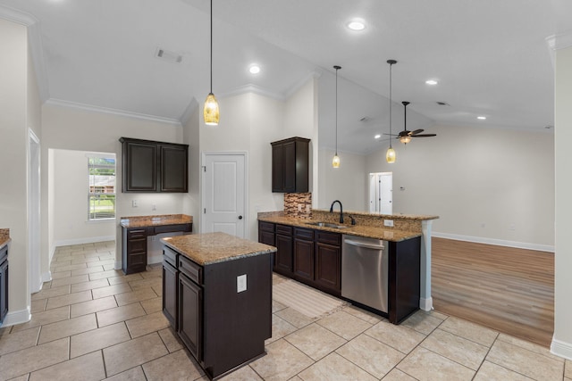 7478 Brevard St, Navarre, FL 32566 - kitchen with stainless steel dishwasher, lofted ceiling, a peninsula, light stone counters, and ceiling fan