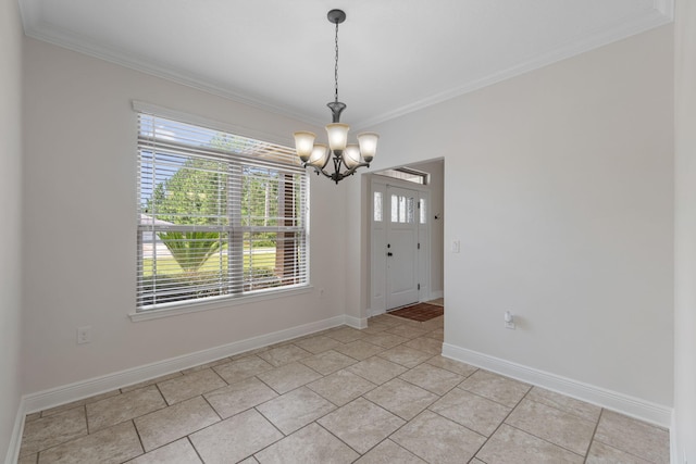 7478 Brevard St, Navarre, FL 32566 - unfurnished dining area featuring a chandelier, ornamental molding, and light tile patterned flooring