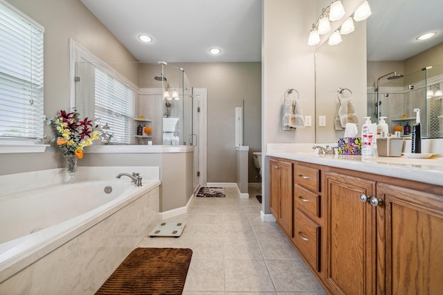 4820 Griffith Rd, Holt, FL 32564 - full bathroom with a shower stall, a garden tub, vanity, tile patterned floors, and recessed lighting