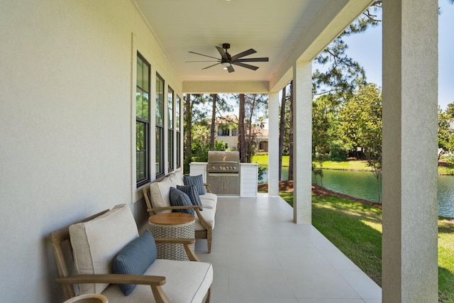 1831 Tuscana Pl, Miramar Beach, FL 32550 - view of patio / terrace featuring a water view, a ceiling fan, and area for grilling