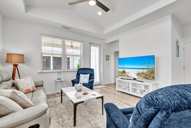 8546 Dreams Float Ct, Panama City Beach, FL 32413 - living room with ceiling fan, wood finished floors, a raised ceiling, recessed lighting, and lofted ceiling