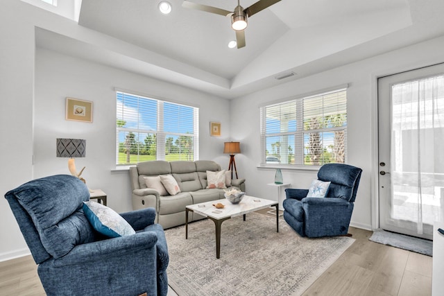 8546 Dreams Float Ct, Panama City Beach, FL 32413 - living room featuring light wood-type flooring, ceiling fan, lofted ceiling, and recessed lighting