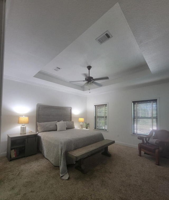 114 S Knightsbridge Ct, Santa Rosa Beach, FL 32459 - bedroom with a raised ceiling, carpet floors, crown molding, and a ceiling fan