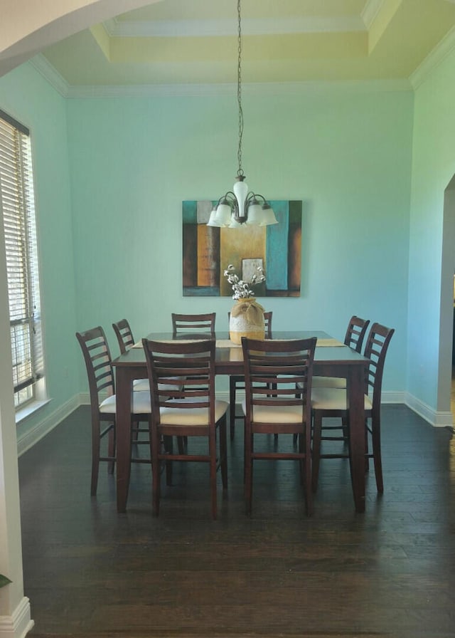 114 S Knightsbridge Ct, Santa Rosa Beach, FL 32459 - dining space with a chandelier, dark wood-type flooring, a tray ceiling, and ornamental molding