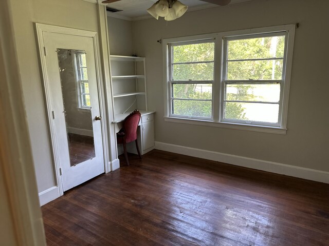 308 S Depot St, Bonifay, FL 32425 - spare room featuring a ceiling fan, dark wood finished floors, an office area, and ornamental molding
