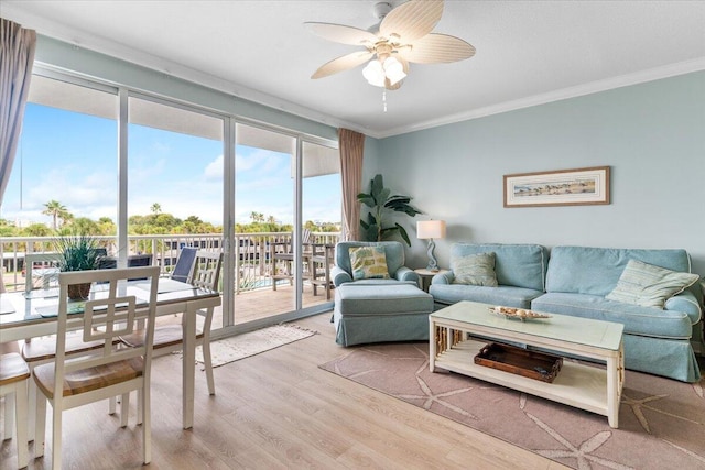 1515 SE Miracle Strip Pkwy Unit 305, Fort Walton Beach, FL 32548 - living area featuring light wood finished floors, a ceiling fan, and ornamental molding