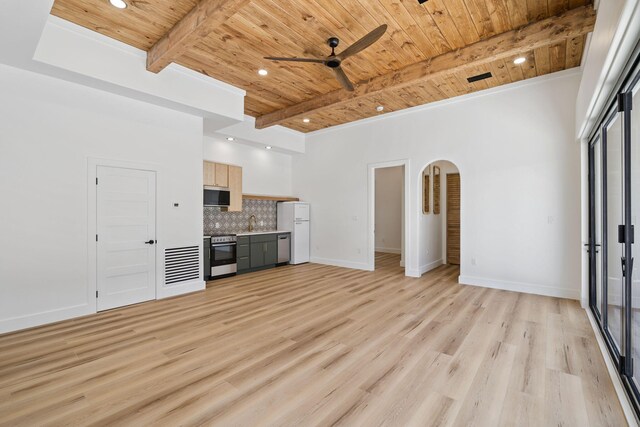 129 Oyster Lake Dr, Santa Rosa Beach, FL 32459 - unfurnished living room with a wooden ceiling with exposed beams, recessed lighting, arched walkways, a ceiling fan, and light wood-type flooring