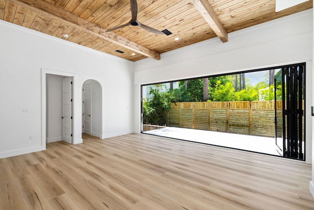 129 Oyster Lake Dr, Santa Rosa Beach, FL 32459 - unfurnished room featuring a wooden ceiling with exposed beams, a ceiling fan, arched walkways, and light wood finished floors