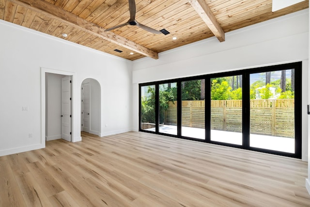 129 Oyster Lake Dr, Santa Rosa Beach, FL 32459 - empty room featuring a wood ceiling with exposed beams, a ceiling fan, arched walkways, and light wood finished floors