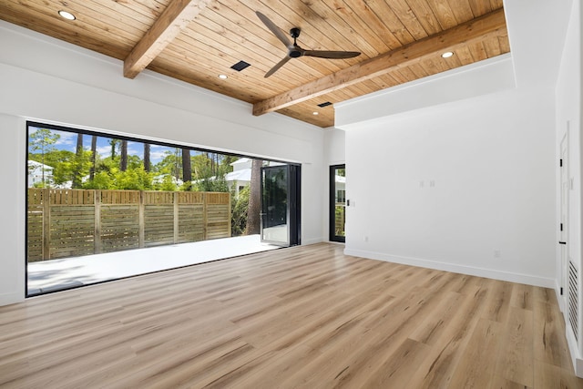 129 Oyster Lake Dr, Santa Rosa Beach, FL 32459 - empty room featuring a wood ceiling with exposed beams, wood finished floors, ceiling fan, and recessed lighting