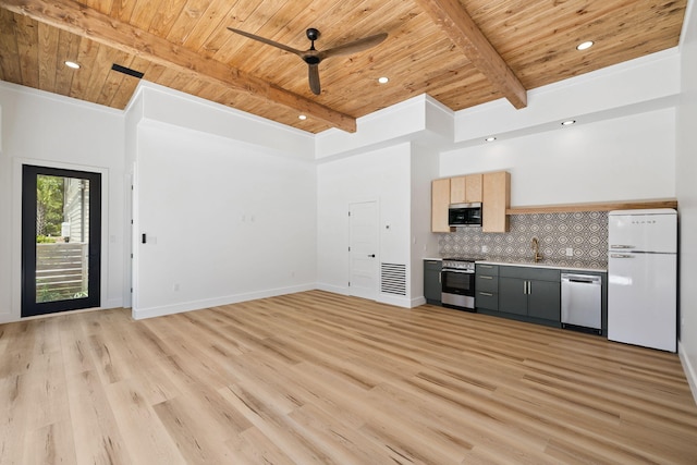129 Oyster Lake Dr, Santa Rosa Beach, FL 32459 - kitchen with stainless steel appliances, a wooden ceiling with exposed beams, a ceiling fan, light wood-style floors, and recessed lighting