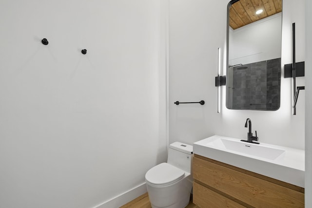 129 Oyster Lake Dr, Santa Rosa Beach, FL 32459 - bathroom with vanity, a shower, wood ceiling, and wood finished floors
