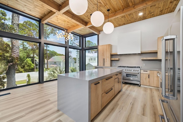 129 Oyster Lake Dr, Santa Rosa Beach, FL 32459 - kitchen featuring high quality appliances, open shelves, a wooden ceiling with exposed beams, modern cabinets, and light wood finished floors