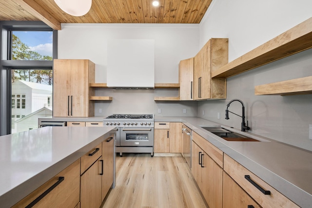 129 Oyster Lake Dr, Santa Rosa Beach, FL 32459 - kitchen featuring open shelves, stainless steel appliances, wood ceiling, light brown cabinets, and light wood finished floors