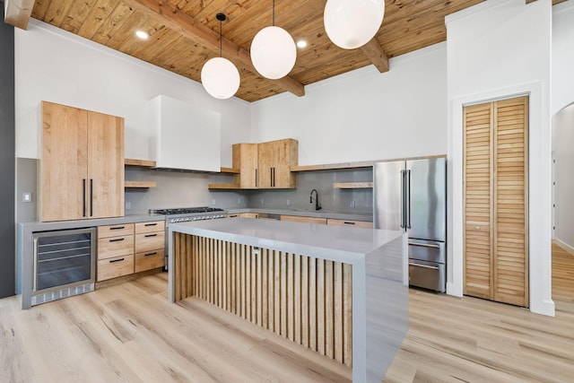 129 Oyster Lake Dr, Santa Rosa Beach, FL 32459 - kitchen with open shelves, beverage cooler, high quality appliances, a wooden ceiling with exposed beams, and a kitchen island
