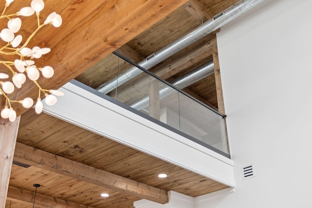 129 Oyster Lake Dr, Santa Rosa Beach, FL 32459 - detailed view of a wooden ceiling with exposed beams, recessed lighting, and a chandelier