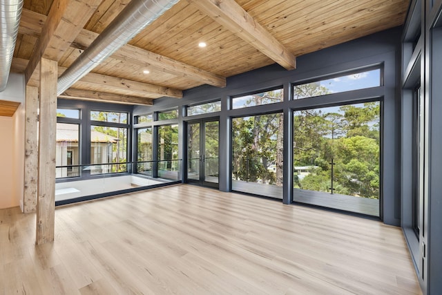 129 Oyster Lake Dr, Santa Rosa Beach, FL 32459 - unfurnished sunroom with a wood ceiling with exposed beams, wood finished floors, french doors, and recessed lighting