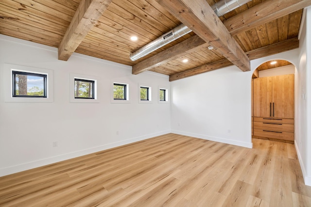 129 Oyster Lake Dr, Santa Rosa Beach, FL 32459 - unfurnished room featuring a wooden ceiling with exposed beams, light wood-style flooring, arched walkways, and recessed lighting