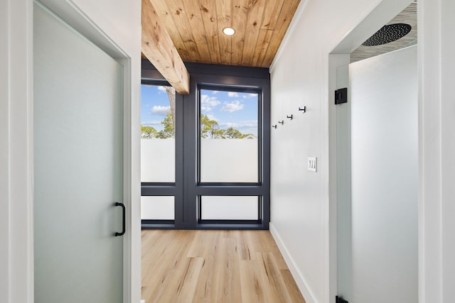 129 Oyster Lake Dr, Santa Rosa Beach, FL 32459 - doorway to outside featuring wood finished floors, wooden ceiling, and recessed lighting