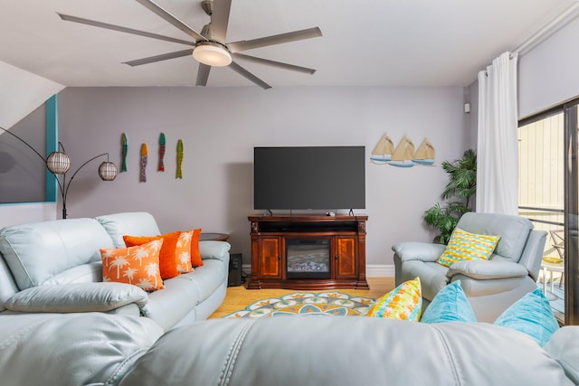 8520 Gulf Blvd Unit 29, Navarre, FL 32566 - living room with a ceiling fan and wood finished floors