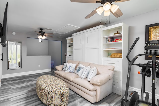 8520 Gulf Blvd Unit 29, Navarre, FL 32566 - living area with attic access, ceiling fan, and wood finished floors