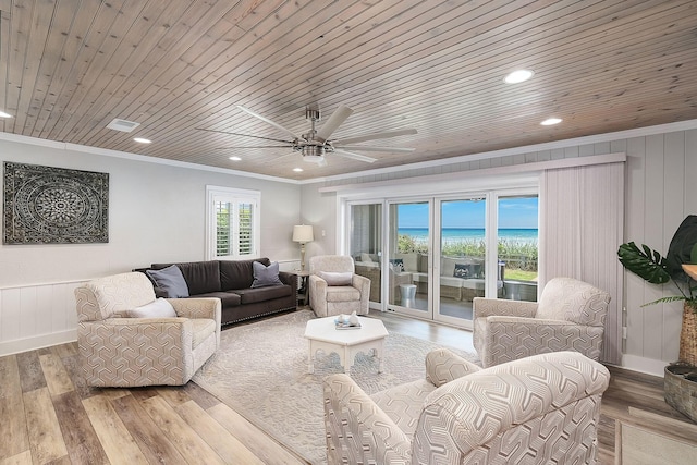 58 Montgomery St, Santa Rosa Beach, FL 32459 - living area featuring hardwood / wood-style flooring, ornamental molding, recessed lighting, ceiling fan, and wooden ceiling