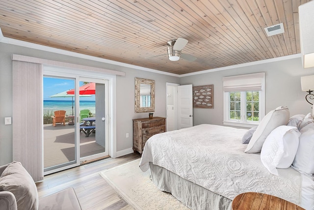 58 Montgomery St, Santa Rosa Beach, FL 32459 - bedroom featuring crown molding, access to outside, light wood-style floors, wood ceiling, and ceiling fan