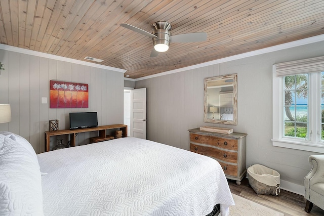 58 Montgomery St, Santa Rosa Beach, FL 32459 - bedroom with ornamental molding, wood finished floors, wooden ceiling, ceiling fan, and wooden walls