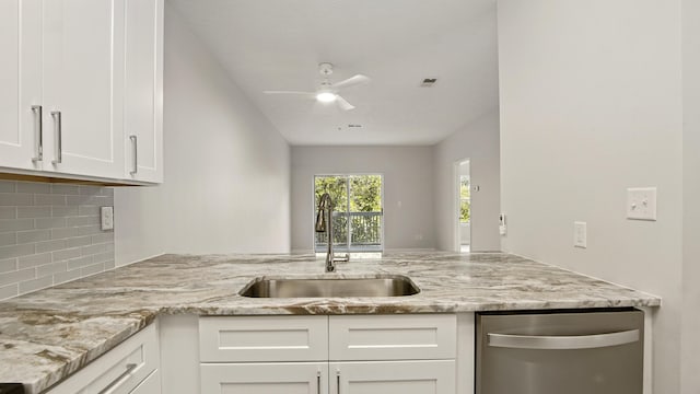 34 Herons Watch Way Unit 1202, Santa Rosa Beach, FL 32459 - kitchen featuring dishwasher, backsplash, light stone counters, ceiling fan, and white cabinetry