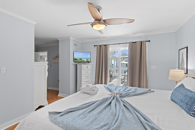 8009 E County Highway 30a, Inlet Beach, FL 32461 - bedroom featuring ornamental molding, access to exterior, wood finished floors, and ceiling fan