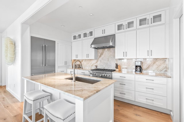 20 Mark Twain Ln Unit 402, Inlet Beach, FL 32461 - kitchen with extractor fan, stainless steel appliances, light wood-style flooring, and light stone countertops