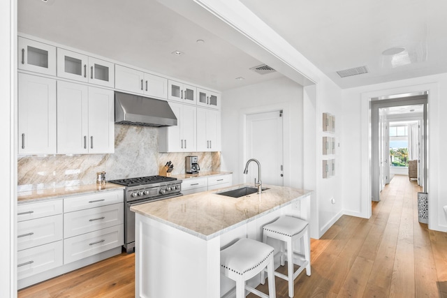 20 Mark Twain Ln Unit 402, Inlet Beach, FL 32461 - kitchen with high end stove, extractor fan, light stone counters, tasteful backsplash, and light wood-style floors