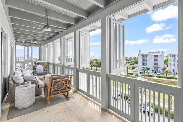 20 Mark Twain Ln Unit 402, Inlet Beach, FL 32461 - sunroom with ceiling fan and beam ceiling