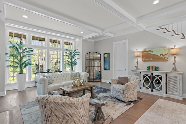 1510 Match Point Ln Unit 303, Panama City Beach, FL 32413 - living area featuring beamed ceiling, coffered ceiling, wood finished floors, and recessed lighting