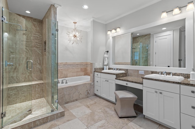 1510 Match Point Ln Unit 303, Panama City Beach, FL 32413 - bathroom featuring crown molding, a bath, vanity, a stall shower, and recessed lighting