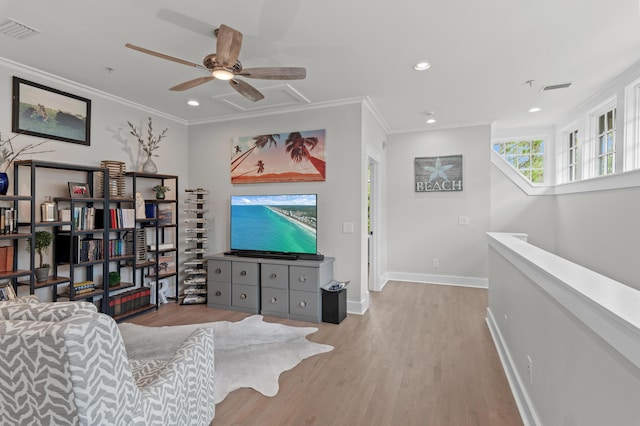 1510 Match Point Ln Unit 303, Panama City Beach, FL 32413 - living room with wood finished floors, a ceiling fan, ornamental molding, and recessed lighting