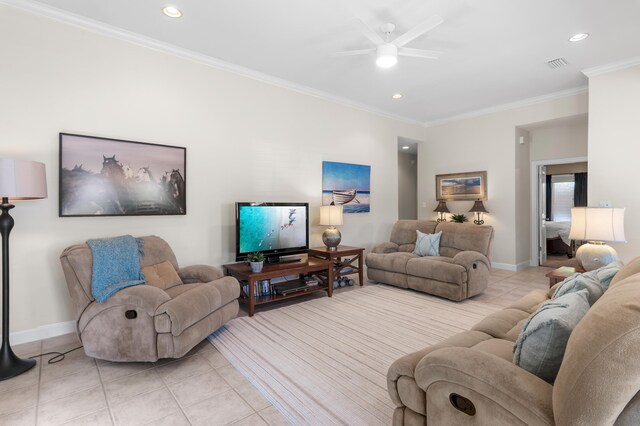113 Mantero Way, Destin, FL 32541 - living room featuring light tile patterned floors, ornamental molding, a ceiling fan, and recessed lighting