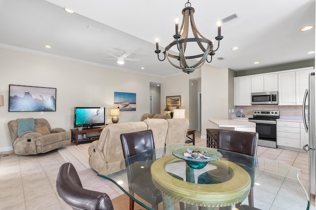 113 Mantero Way, Destin, FL 32541 - dining space with a chandelier, light tile patterned floors, ornamental molding, recessed lighting, and ceiling fan