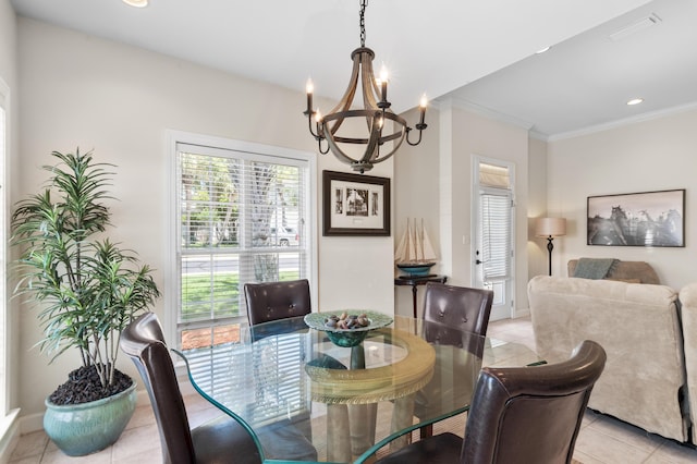 113 Mantero Way, Destin, FL 32541 - dining space featuring a chandelier, light tile patterned floors, ornamental molding, and recessed lighting
