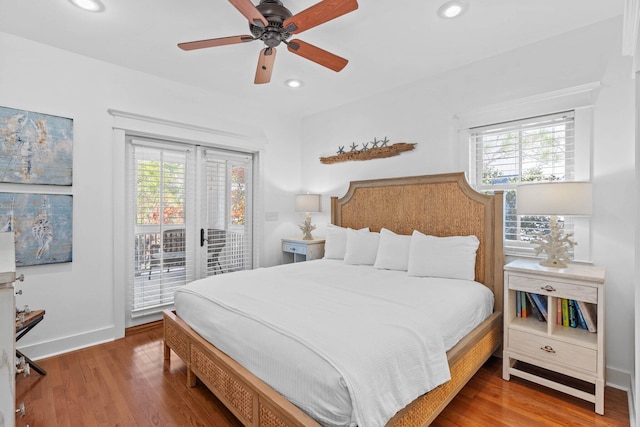 97 Red Cedar Way, Santa Rosa Beach, FL 32459 - bedroom featuring access to exterior, recessed lighting, wood finished floors, and a ceiling fan