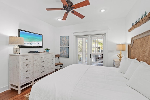 97 Red Cedar Way, Santa Rosa Beach, FL 32459 - bedroom featuring access to outside, wood finished floors, ceiling fan, and recessed lighting