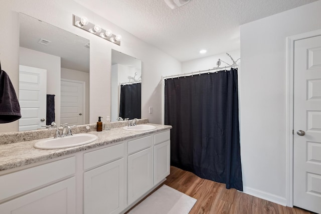 6721 Sarah Ann Way, Laurel Hill, FL 32567 - full bathroom featuring double vanity, wood finished floors, a textured ceiling, and a shower with shower curtain