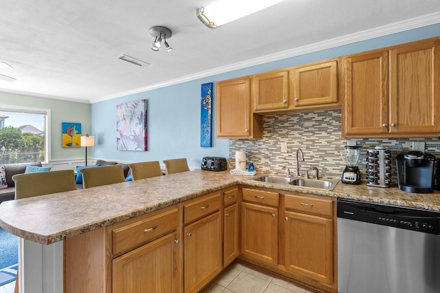 445 Gulf Shore Dr Unit 206, Destin, FL 32541 - kitchen featuring stainless steel dishwasher, ornamental molding, a peninsula, backsplash, and light countertops