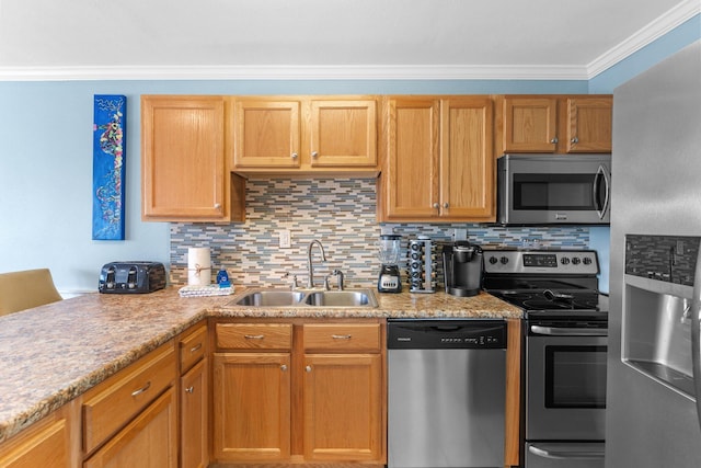 445 Gulf Shore Dr Unit 206, Destin, FL 32541 - kitchen featuring appliances with stainless steel finishes, crown molding, tasteful backsplash, and light stone countertops