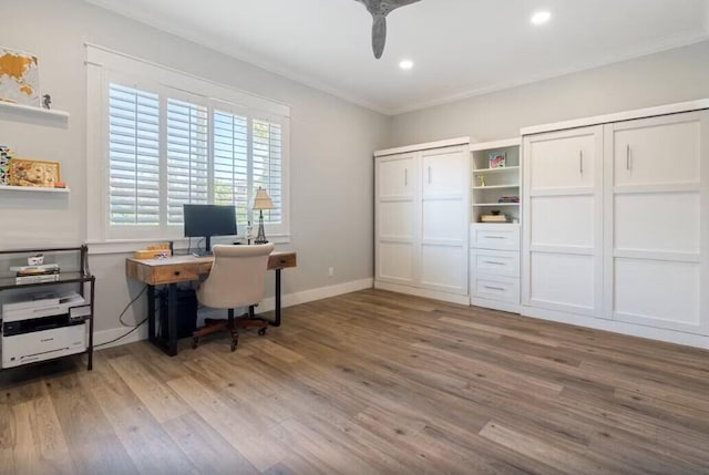 192 Lake Pointe Dr, Santa Rosa Beach, FL 32459 - home office featuring wood finished floors, crown molding, recessed lighting, and ceiling fan