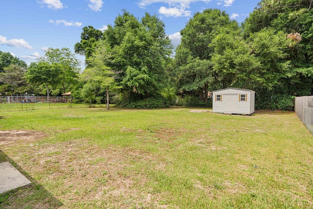 2899 Wisteria Ave, Crestview, FL 32539 - fenced backyard with a storage unit and view of scattered trees
