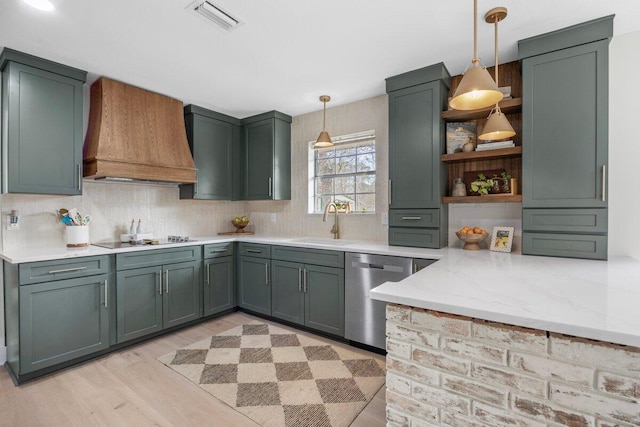 1011 Creel St, Fort Walton Beach, FL 32547 - kitchen featuring custom range hood, dishwasher, black electric cooktop, open shelves, and hanging light fixtures